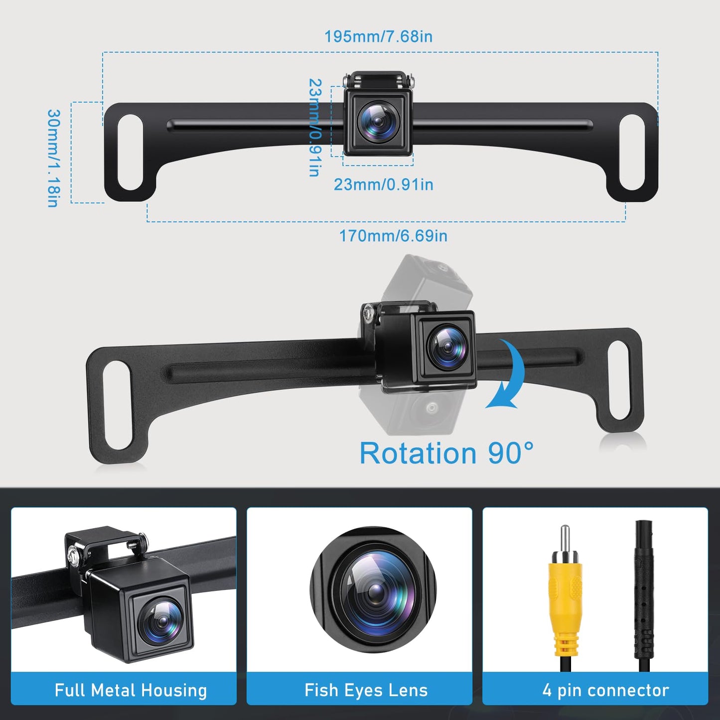 GLK Backup Camera HD Rear View License Plate Backup Camera Reverse Camera for 12V Pickup Truck Car SUV,with Night Vision Wide Angle IP69K Waterproof, Full Metal Housing