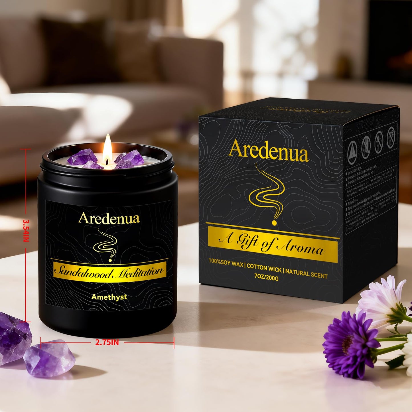 Aredenua Candle for Meditation and Spiritual Practice - Sandalwood Aromatherapy Candle with Amethyst Healing Crystal, Natural Soy Wax Scented Candle for Yoga Mindfulness, 7oz Long Lasting, Zen Gift