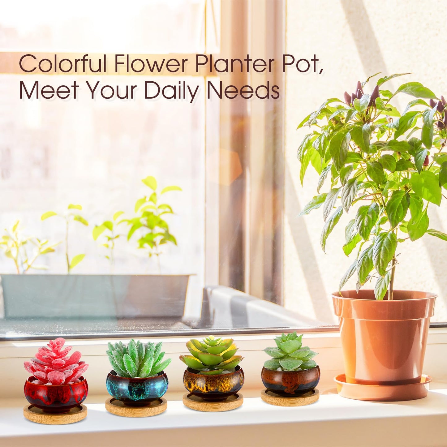 RimCereal 12 Pcs Succulent Pots 2.5 Inch Mini Ceramic Succulent Garden Flower Pots Planters with Drainage and Bamboo Tray for Indoor Garden Plants Planters Colorful Flower Pot(Round,1.2 Inch H)