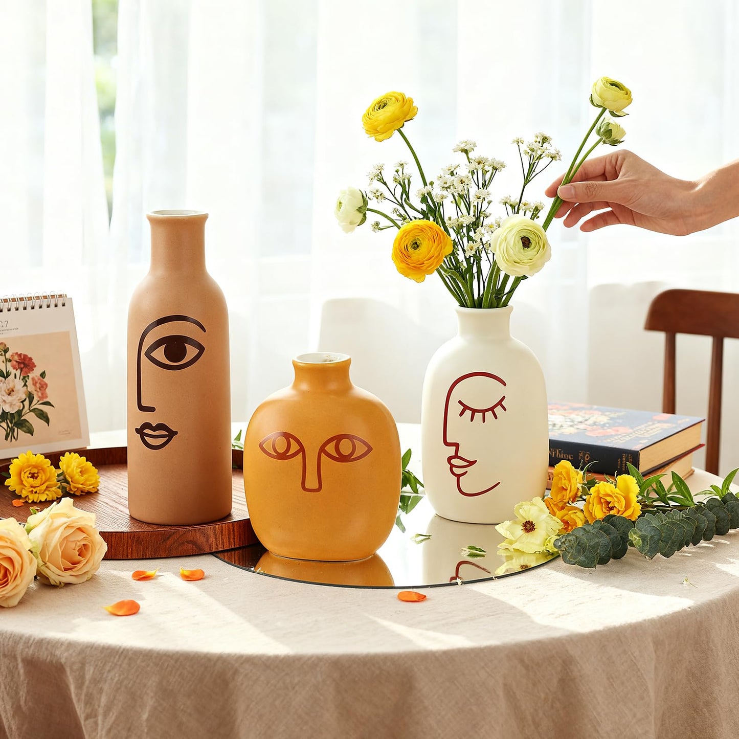 Abstract Face Ceramic Vases Set of 3, Modern Boho Matte Ceramic Vase Set for Home Decor, Rustic Farmhouse Decorative Flower Vases for Shelf, Coffee Table, Mantel and Entryway