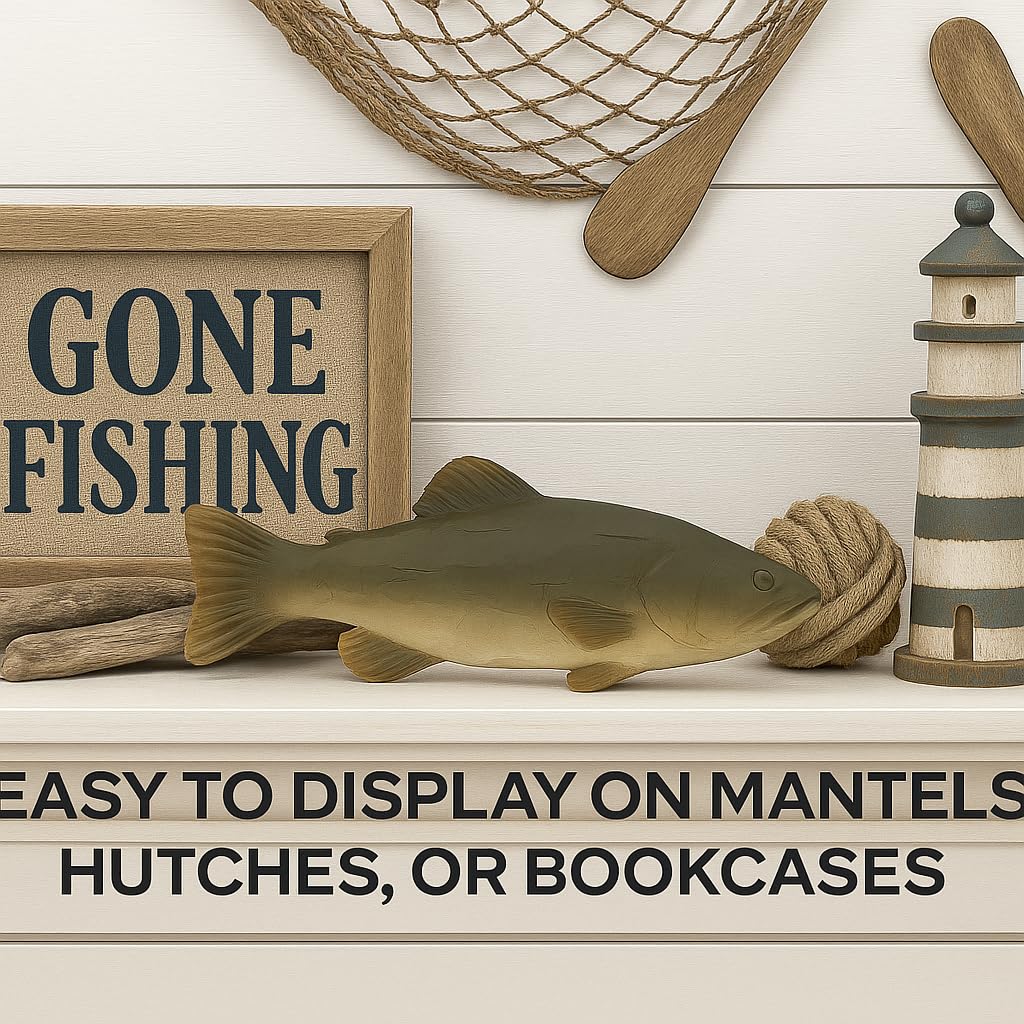 The Bridge Collection Wildlife Inspired Bass Figurine - Rustic Fishing Decor Accent - Lake Cabin Style Shelf Ornament with Realistic Carved Detail
