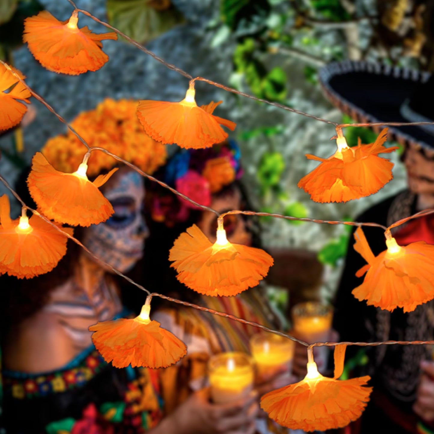 Gee Hut Marigold Garland String Lights Day of The Dead Decoration - 10ft 20 LED Marigold Flower Garlands Lights Battery Operated - Dia de Los Muertos Decoration for Diwali Halloween Indian Party