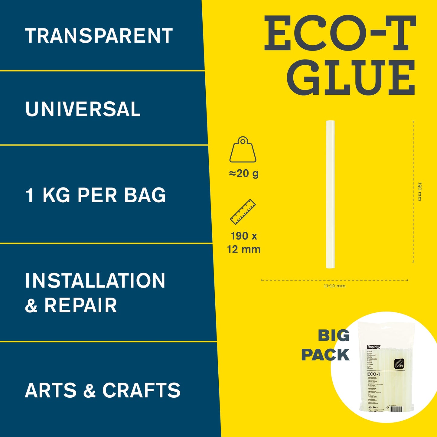 Rapid Eco-T Transparent Hot Glue Sticks, 12mm x 190mm, 1kg, 50 Sticks, Universal, Waterproof, Fast Drying