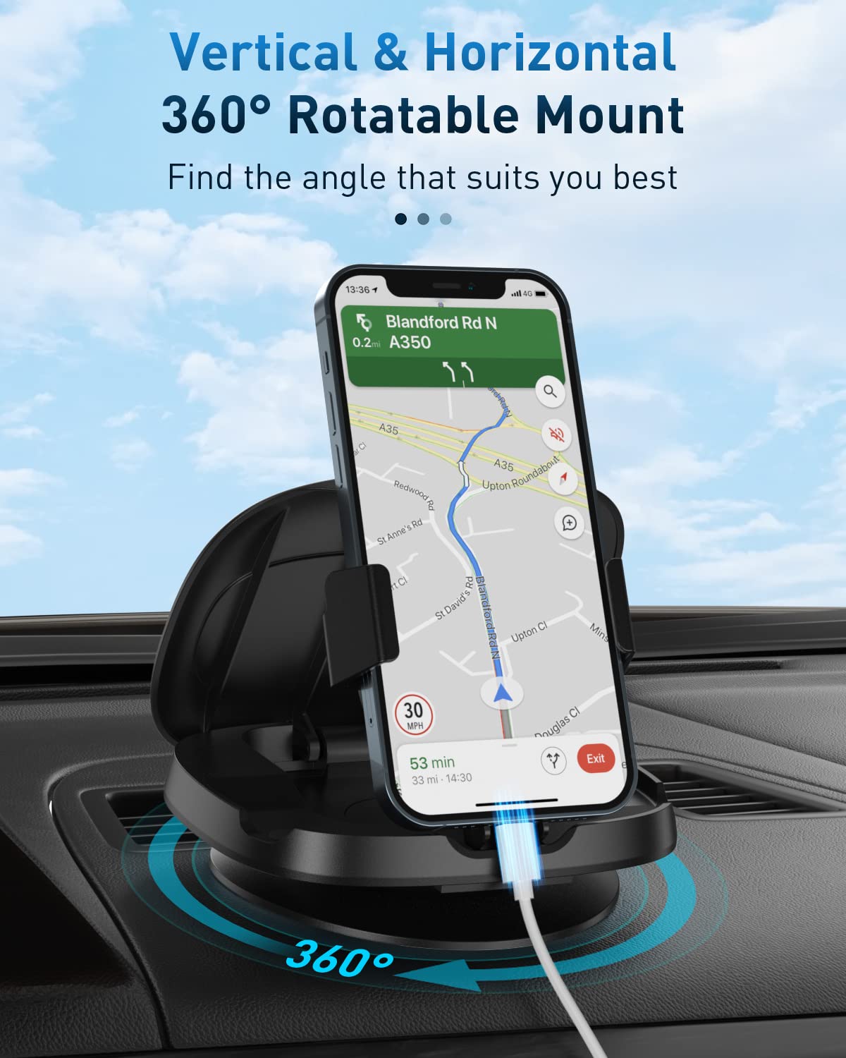 JOYEKY Car Phone Holder for Dashboard, 360° Rotatable Horizontal & Vertical Viewing Car Phone Mount,Washable Reusable Mobile Phone Holder, for iPhone Samsung Android Smartphones (Black)