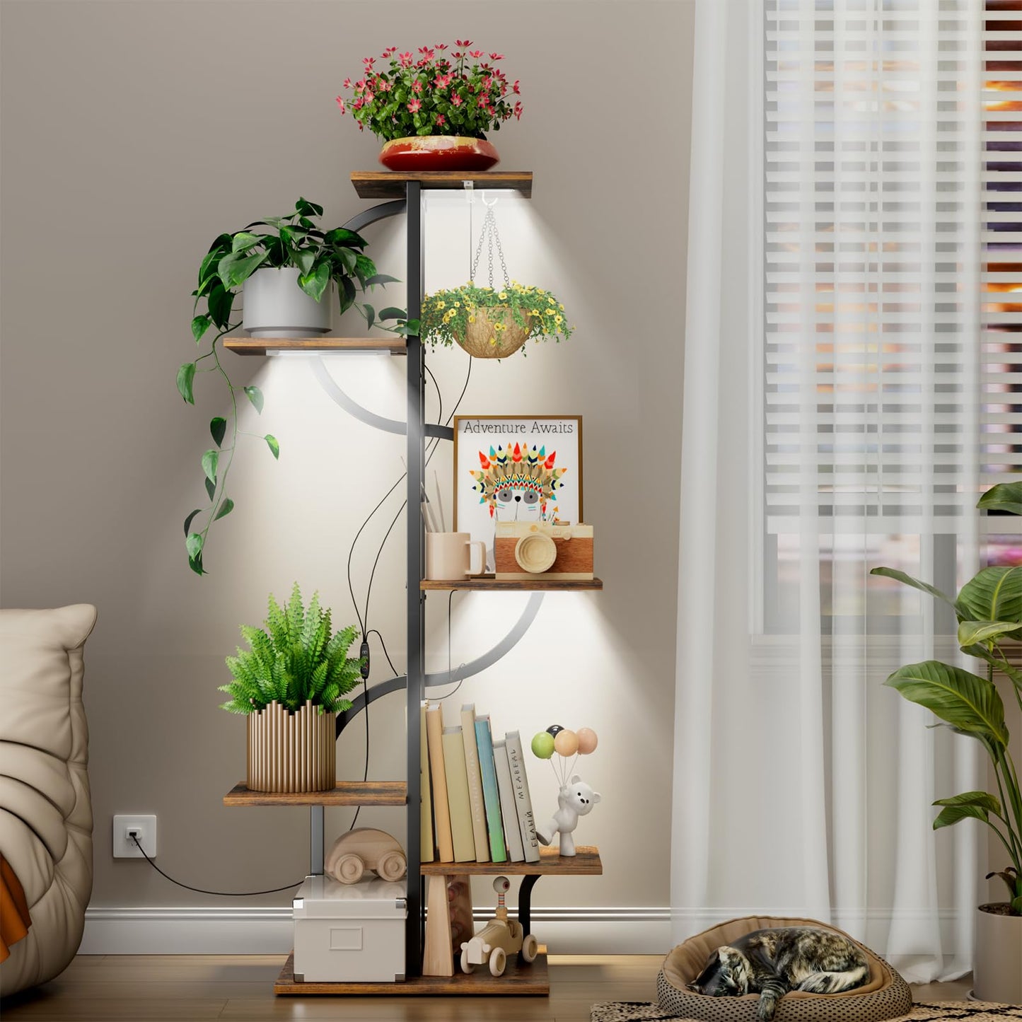 REFGY 6-Tier Tall Plant Stand with Hanging Hook, Multi-Tiered Vertical Flower Pot Holder for Indoor Outdoor, Heavy Duty Metal Plant Shelf for Corner, Living Room, Balcony, Patio, Rustic Brown