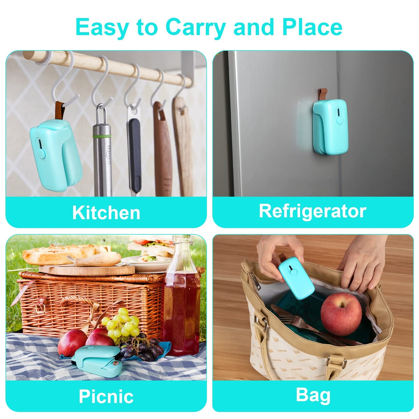 Mini Bag Sealer, Kenossion Chip Bag Sealer - Bag Sealer Heat Seal with Cutter & Magnet, Portable Mini Sealing Machine to Reseal Plastic Bags & Keep Snacks Fresh (2xAA Batteries Included), green