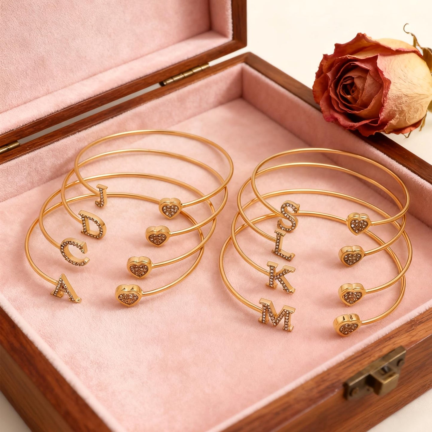 BXDA Trendy Gold Plated Heart Initial S Cuff Bangle Bracelet for Women, Handmade Statement Cubic Zirconia Stackable Open Letter Bracelets Fashion Jewelry Accessories Gift
