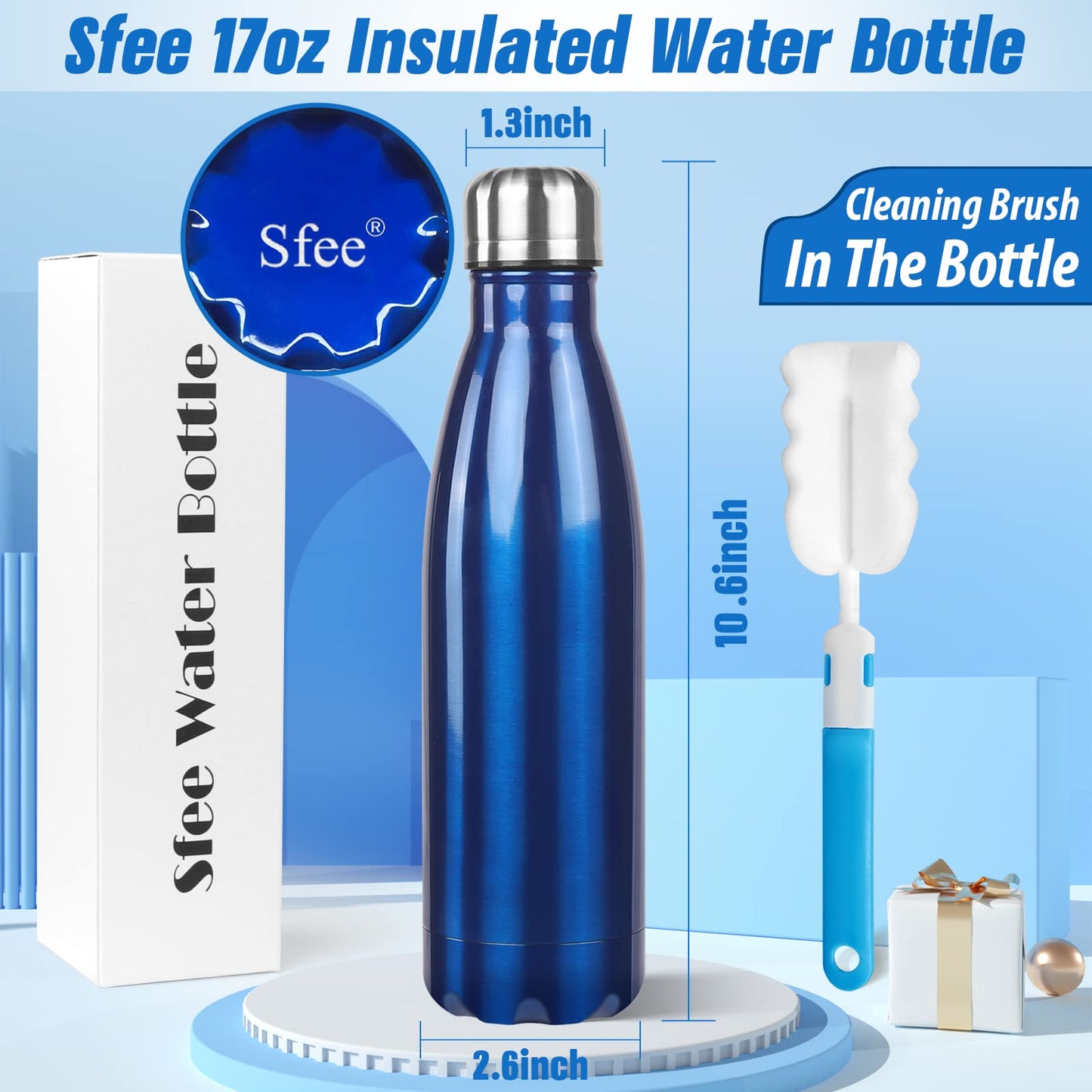 Sfee Insulated Water Bottle, 17 oz Stainless Steel Water Bottles, Double Wall Vacuum Reusable Water Bottles Leak Proof BPA-FREE Sports Bottle Cup Keep Hot&Cold for Running Gym Workout Cycling Kids