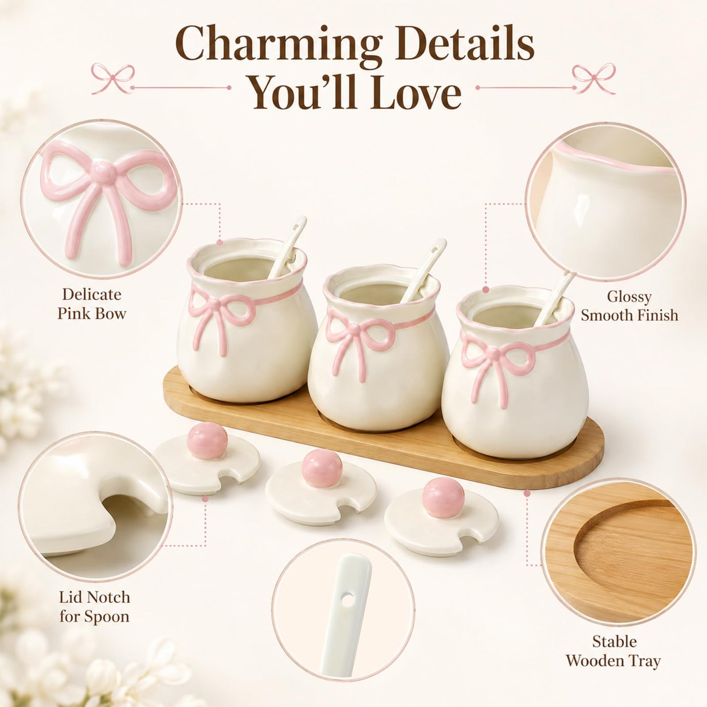 Domensi 3 Piece Pink Bow Condiment Jars Set with Spoons and Wooden Tray, 12.85 oz Ceramic Spice Containers, Coffee Bar Accessories for Your Home, Kitchen, Counter, Housewarming Gifts, 170 ml