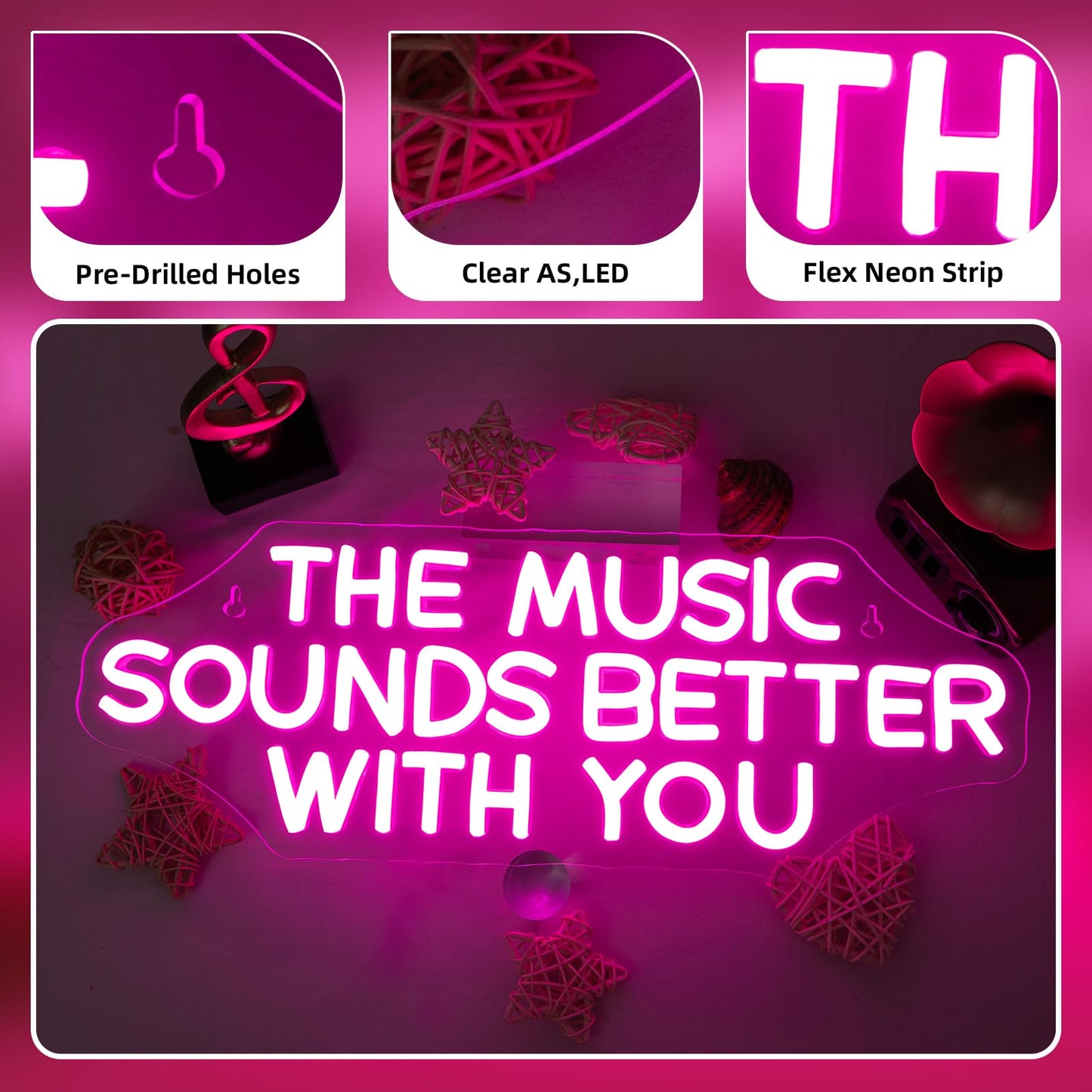 NOSUN The Music Sounds Better with You Neon Sign Romance Neon Signs for Wall Decor Led Neon Sign Aesthetic Room Decor for Teen Girls Neon Lights Signs for Bedroom Salon Party Pink Light