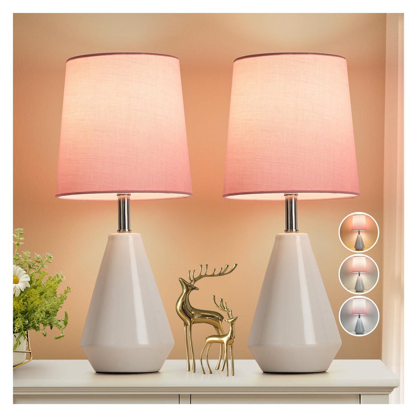 bdayanx Small Bedside Table Lamp for Bedroom-Reading Desk Lamp Set of 2,with 3 Color Temperatures,15.5" Nightstand Ceramic Lamp with Fabric Shade for Kids Room,Living Room,Dorm,Home Office