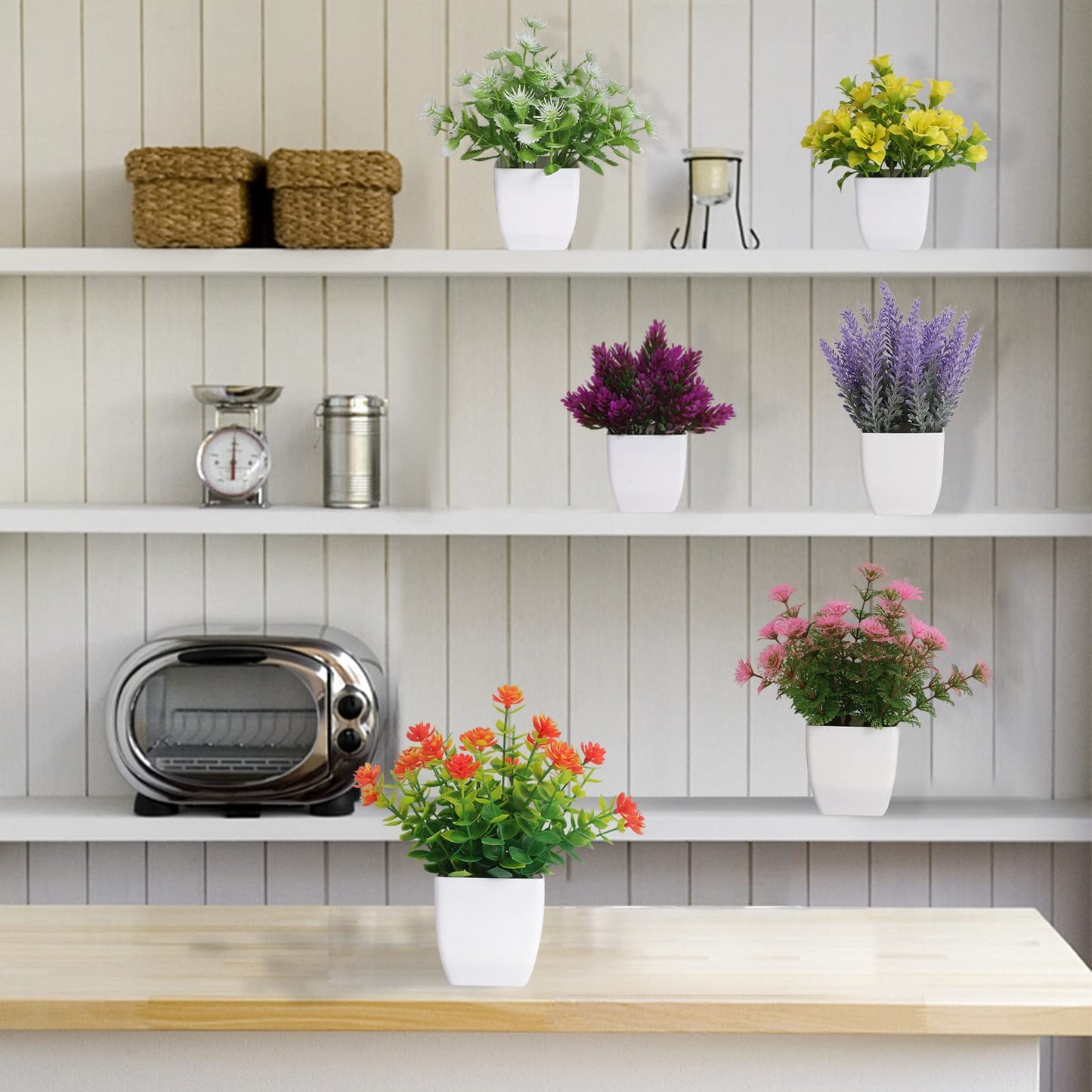 Yoratee 6pcs Artificial Pot Flowers Small Fake Plants with Pot Mini Potted Plants for House Office Tabletop Decoration