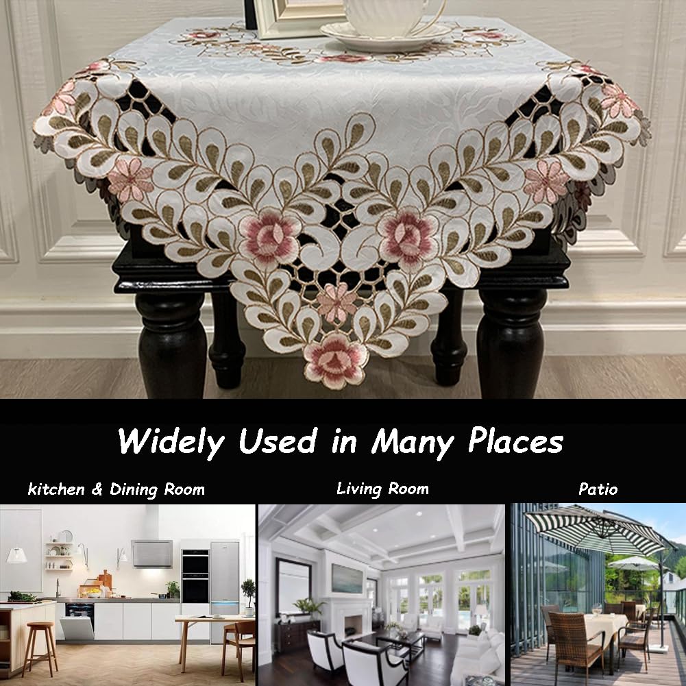 MULBESS Round Table Cloth Flower Embroidered Lace Tablecloth Wrinkle Free & Stain Resistant Fabric Tablecloths Table Cover for Kitchen Dinner (Round 60 inch)