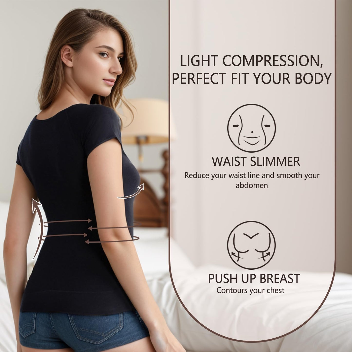 +MD Women's Seamless T-Shirt Scoop Neck Short Sleeve Comfort Light Control Shapewear Undershirt Pyjamas