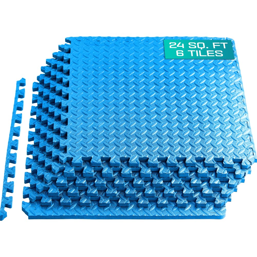 Yes4All Interlocking Foam Floor Mats/Gym Floor Mats with EVA Interlocking Tiles (24 Square Feet – Blue – 6 Tiles)