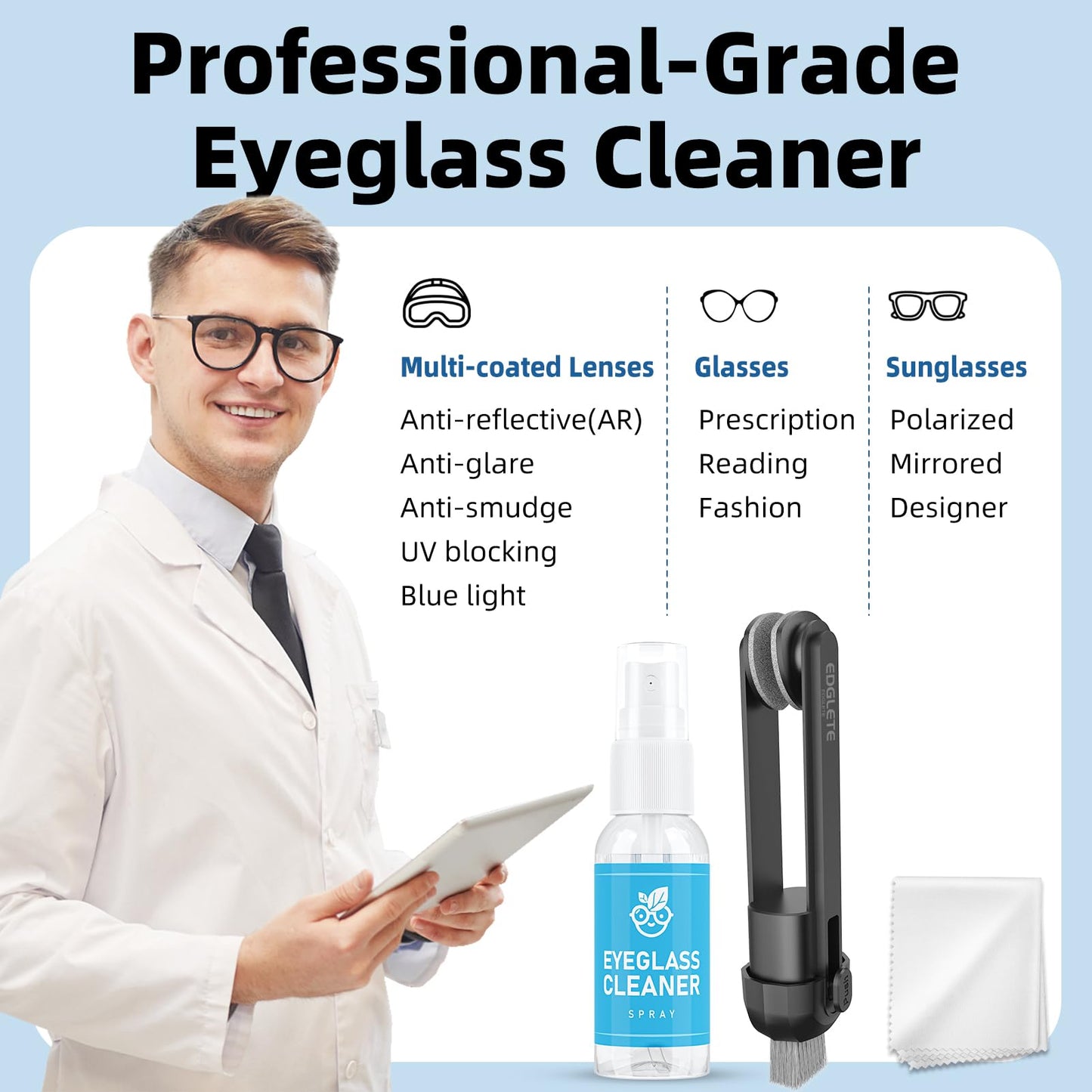 Glasses Cleaner Eyeglass Cleaning Kit, Lens Cleaners Spray with Microfiber Cloth, Portable Glasses Cleaning Kit for Travel, Safe Eyeglasses Cleaner Tool, No Streaks Scratch, Black