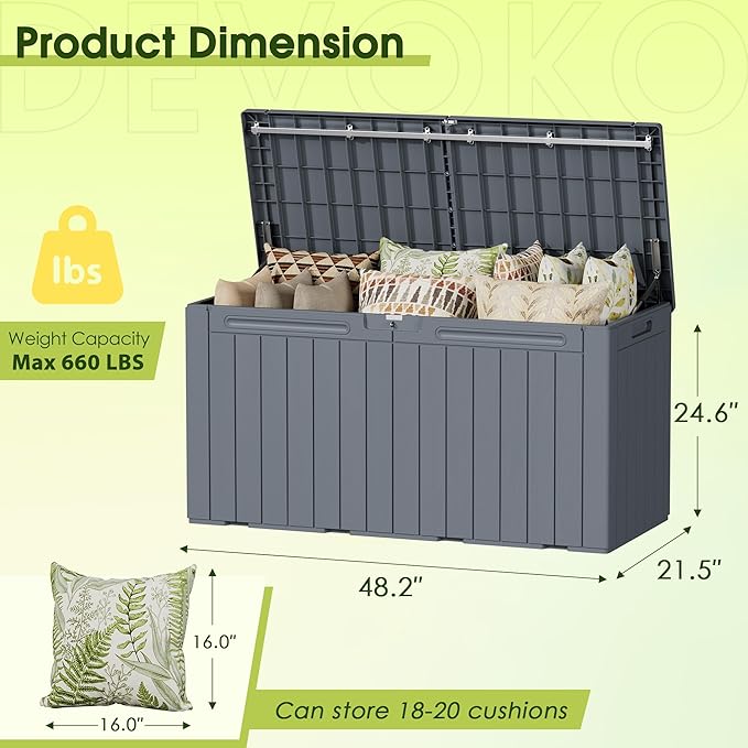 Devoko 100 Gallon Outdoor Storage Box, Waterproof Resin Deck Box for Patio Furniture, Lockable Container for Garden Cushions & Pool Supplies (Gray, 100 Gallon)