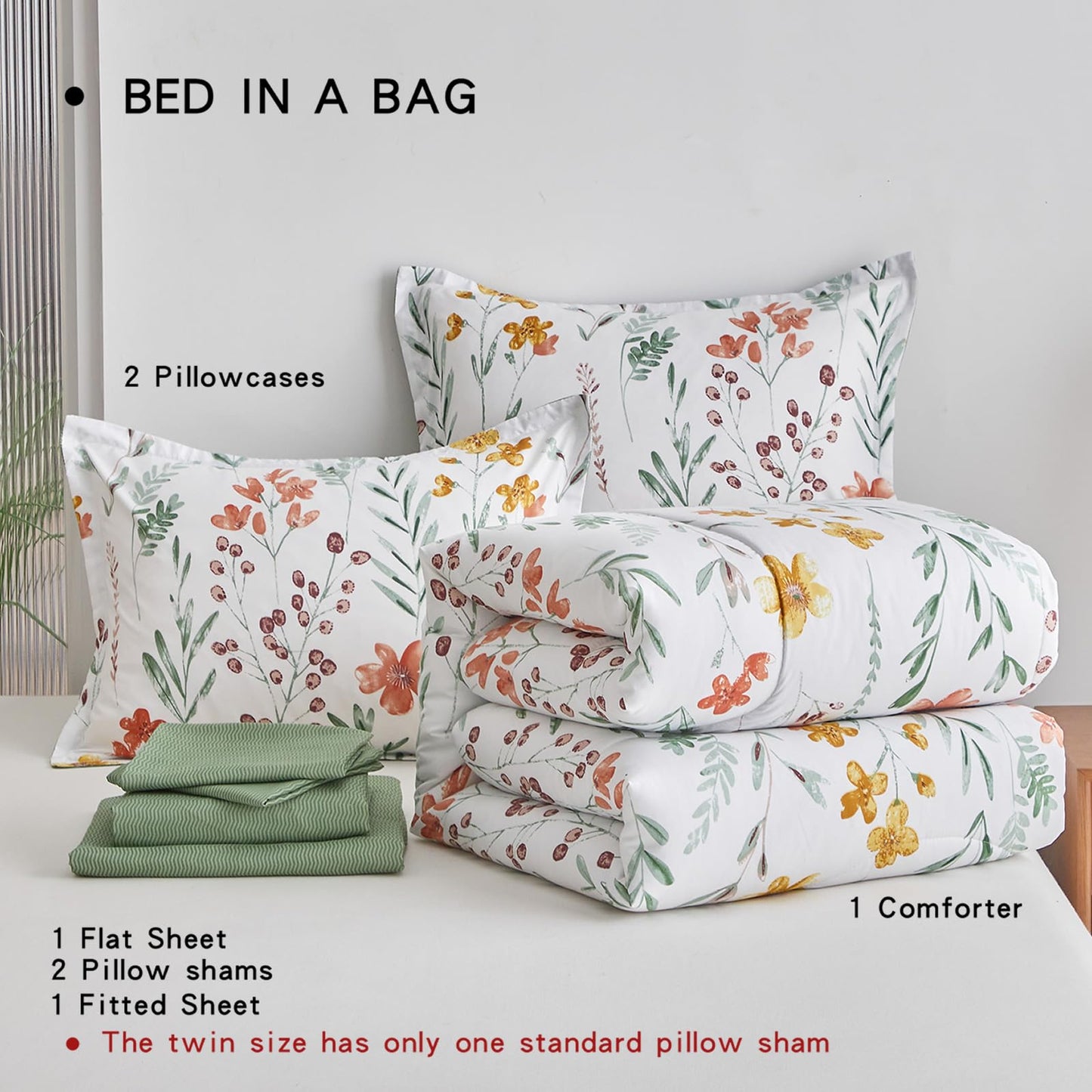 AIKASY Bed in a Bag 7 Pieces Queen Size - Floral Print - Soft Microfiber, Reversible Bed Comforter Set (1 Comforter, 2 Pillow Shams, 1 Flat Sheet, 1 Fitted Sheet, 2 Pillowcases)(White,Queen)