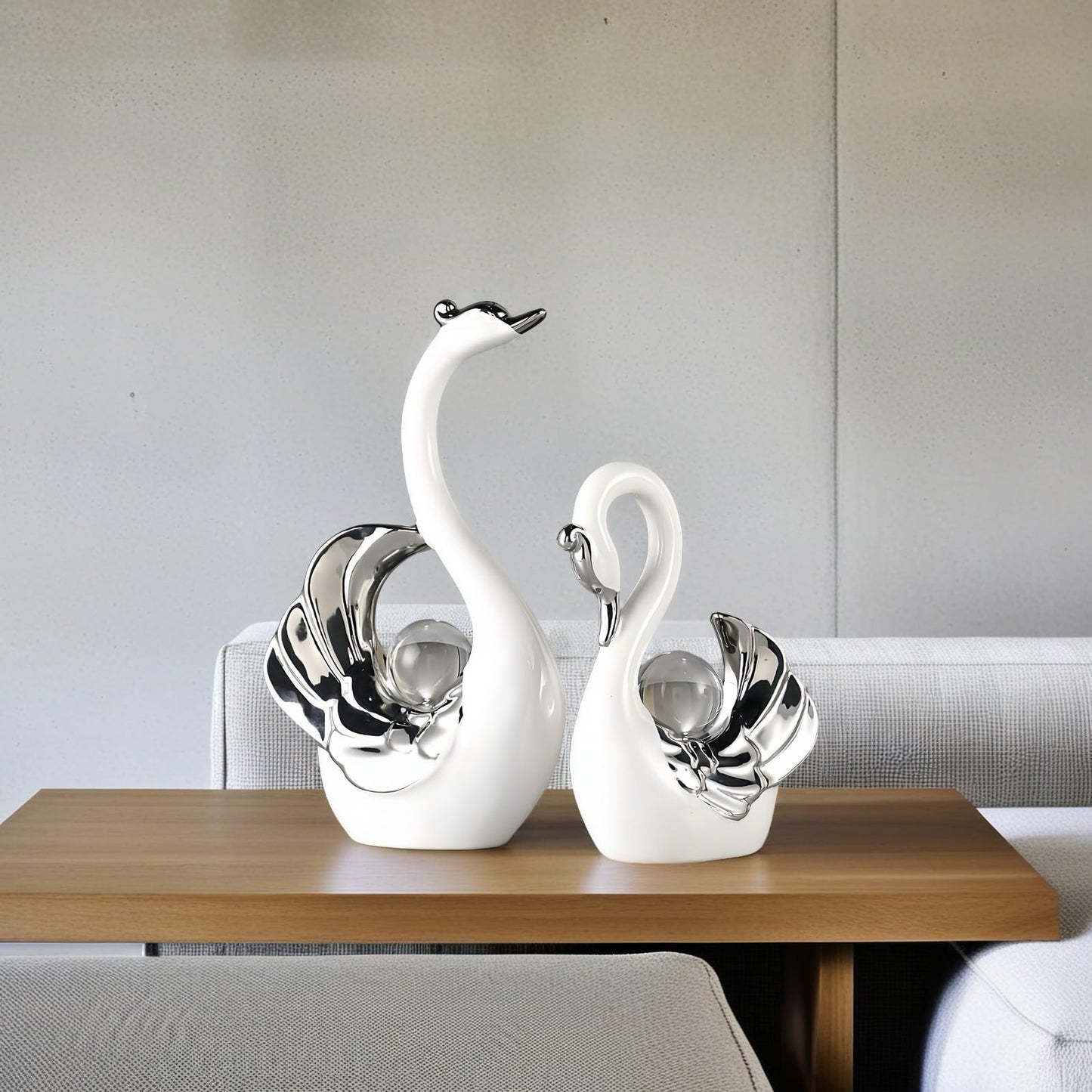 XINDAM A Pair of Swan Figurines Swans Statue with Crystal Ball Model Home Office Display Decorative Craft Living Room Decor (White)