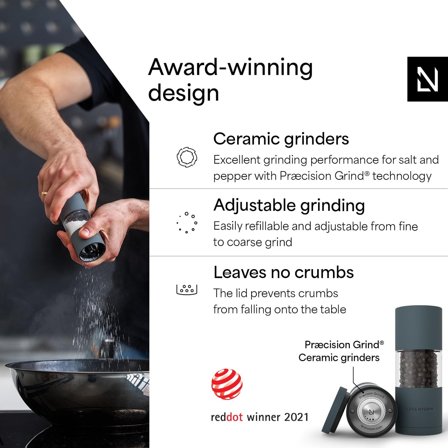 LARS NYSØM Salt and Pepper Grinder Set, Manual Salt and Pepper Mills with Adjustable Ceramic Grinder, Design Spice Shaker Set (Stone Blue)