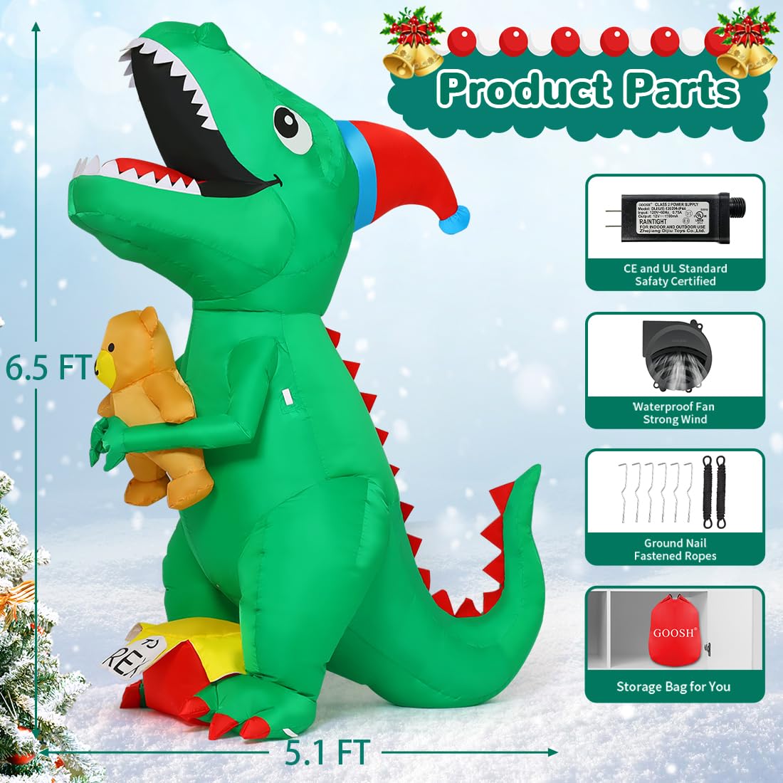 GOOSH 6.5 FT Christmas Inflatables Dinosaur Outdoor Decorations Blow Up Yard T Rex with Xmas Hat Holding a Bear with Built-in LEDs for Garden Lawn Indoor Party Décor