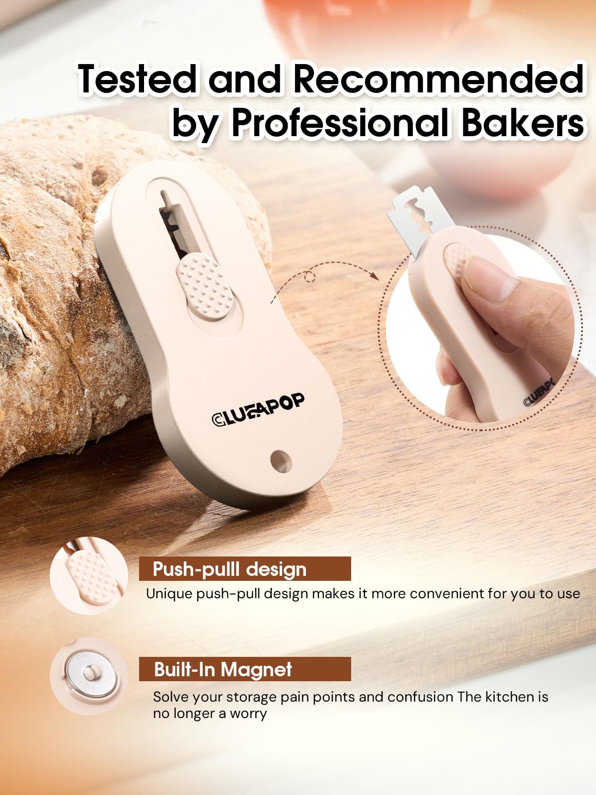 Bread Lame Dough Scoring Tool with Extractable & Magnetic - Sourdough Scoring Tool - Sourdough Bread Baking - Bread Scoring Tool - Scoring Patterns Booklet Includes 5 Bread Razor Blades (Cream)