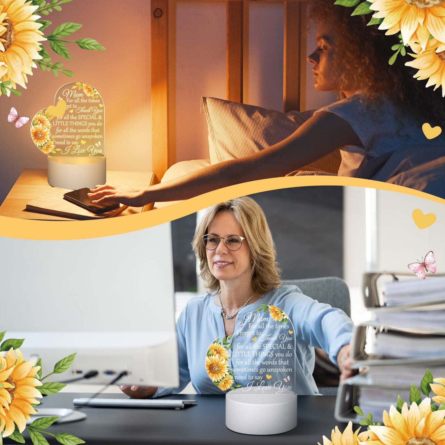 Jetec Mothers Day Birthday Gifts from Daughter Son Christmas Thank You Gift for Mom Sunflower Engraved Acrylic Heart Lamps USB Low Power Night Light Table Decor(Mom for All the Times)