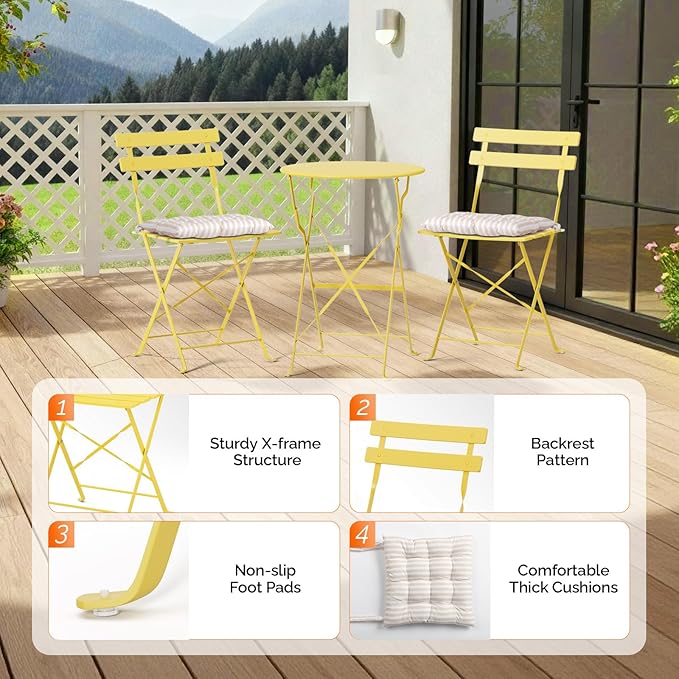 VINGLI Outdoor Folding Bistro Table and Chairs Set of 2, 3-Piece Bistro Set