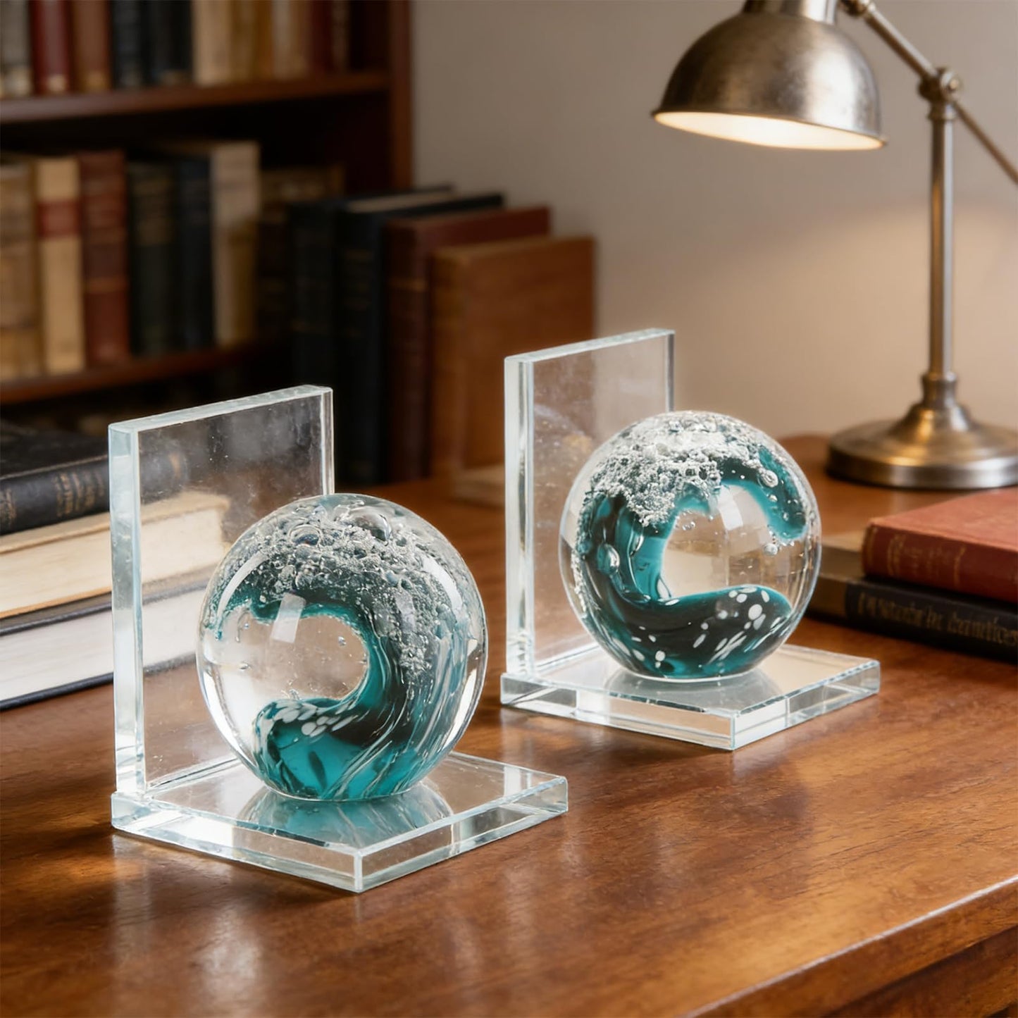 Decorative Bookends for Shelves, Hand Blown Ocean Crystal Ball Unique Bookends for Heavy Books, Office Desk Decor, Ideal for Ocean Lovers (Dark Green)