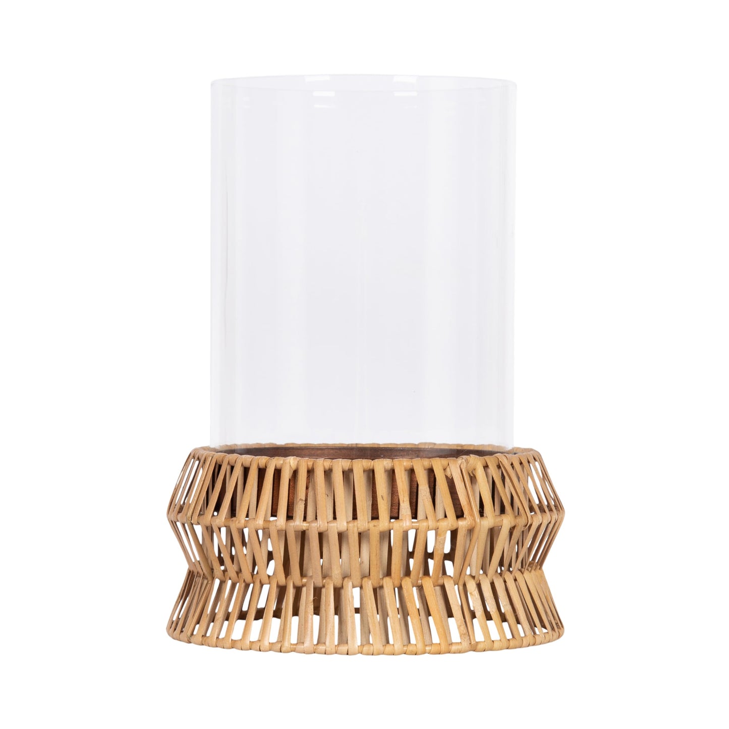 Kate and Laurel Rashana Modern Boho Rattan Pillar Candle Holder, 8 x 8 x 11, Natural, Coastal Hurricane Candle Holder with Glass Cylinder for Living Room Decor