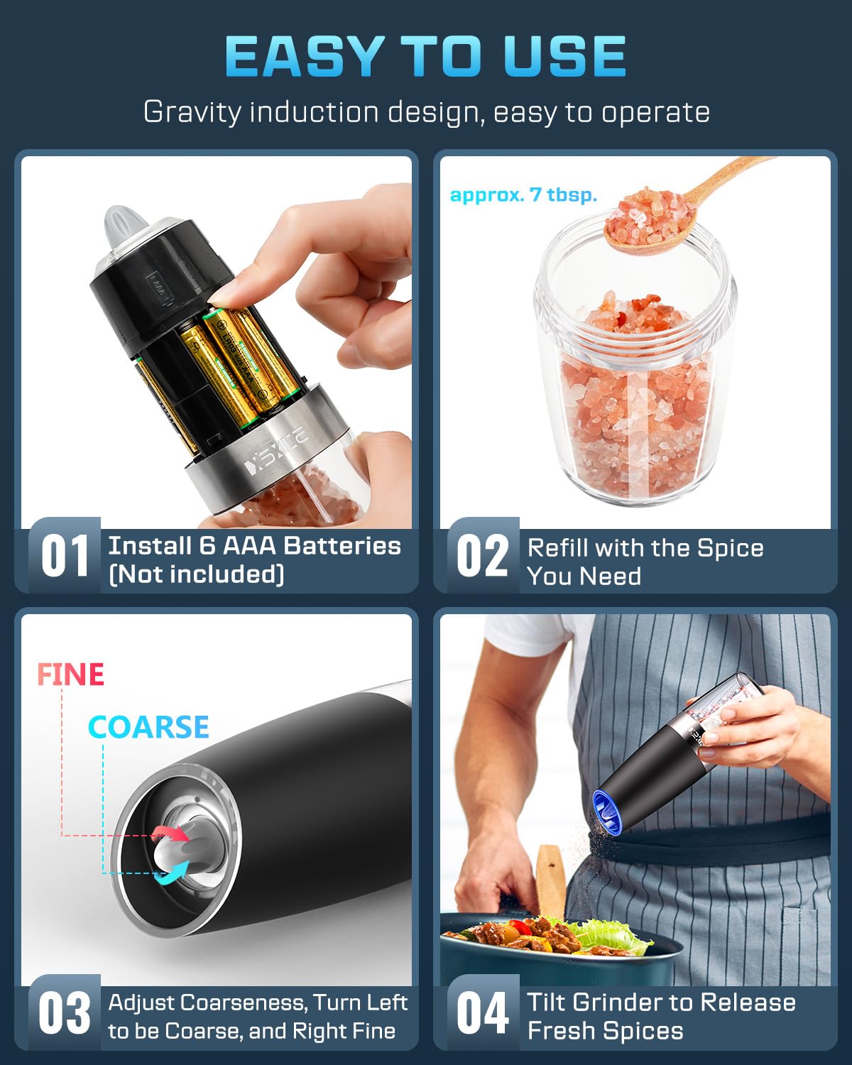 XinXu Gravity Automatic Electric Pepper and Salt Grinder, Auto Salt or Pepper Mill Shaker Stainless Steel,Blue LED Light,One Hand Operated, Black