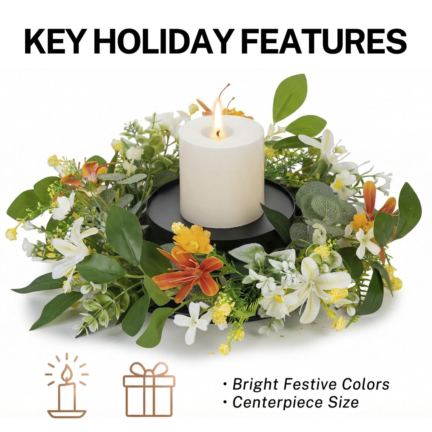 MOYEE Summer Centerpieces for Tables Candle Ring, Black Metal Candlestick with an Artificial Wreaths 14 in Versatile Dining Table Centrepiece (an Orange and White Wreath)