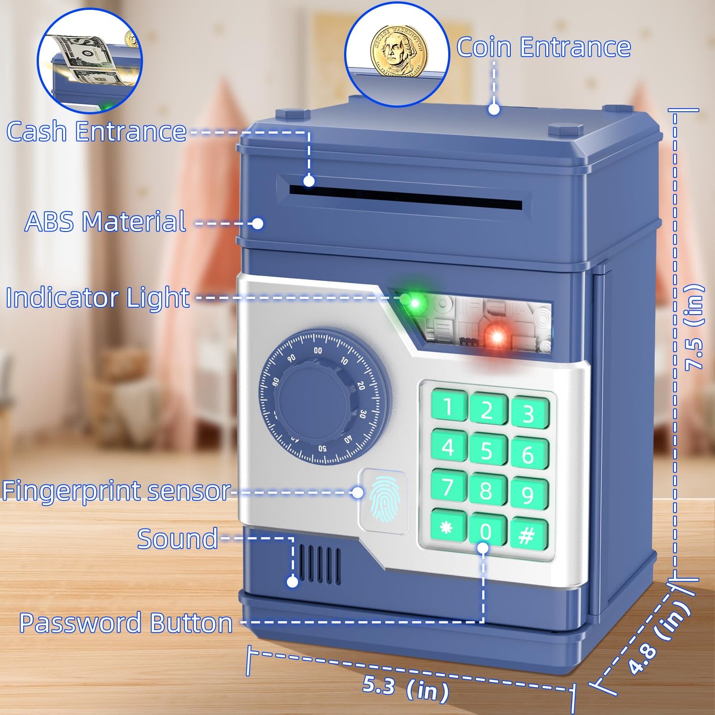 NAFEIV Piggy Bank, Automatic Electronic Piggy Bank for Kids Boys Girls with Password and Fingerprint Unlocking Simulation, Money Bank Kids Safe Toys for 3 4 5 6 7 8 9 10 Year Old Boy Girl (Navy)