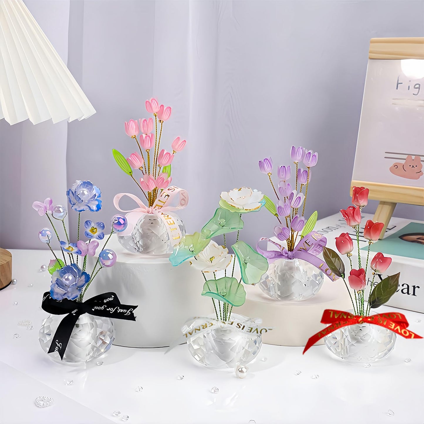 Crystal Flower Figurine - Handmade Mini Flower Decor with Crystal Base, Plastic Artificial Petals and Adjustable Wire, Cute Floral Ornament for Home/Office/Car, Ideal Gift for Women(Purple Tulips)
