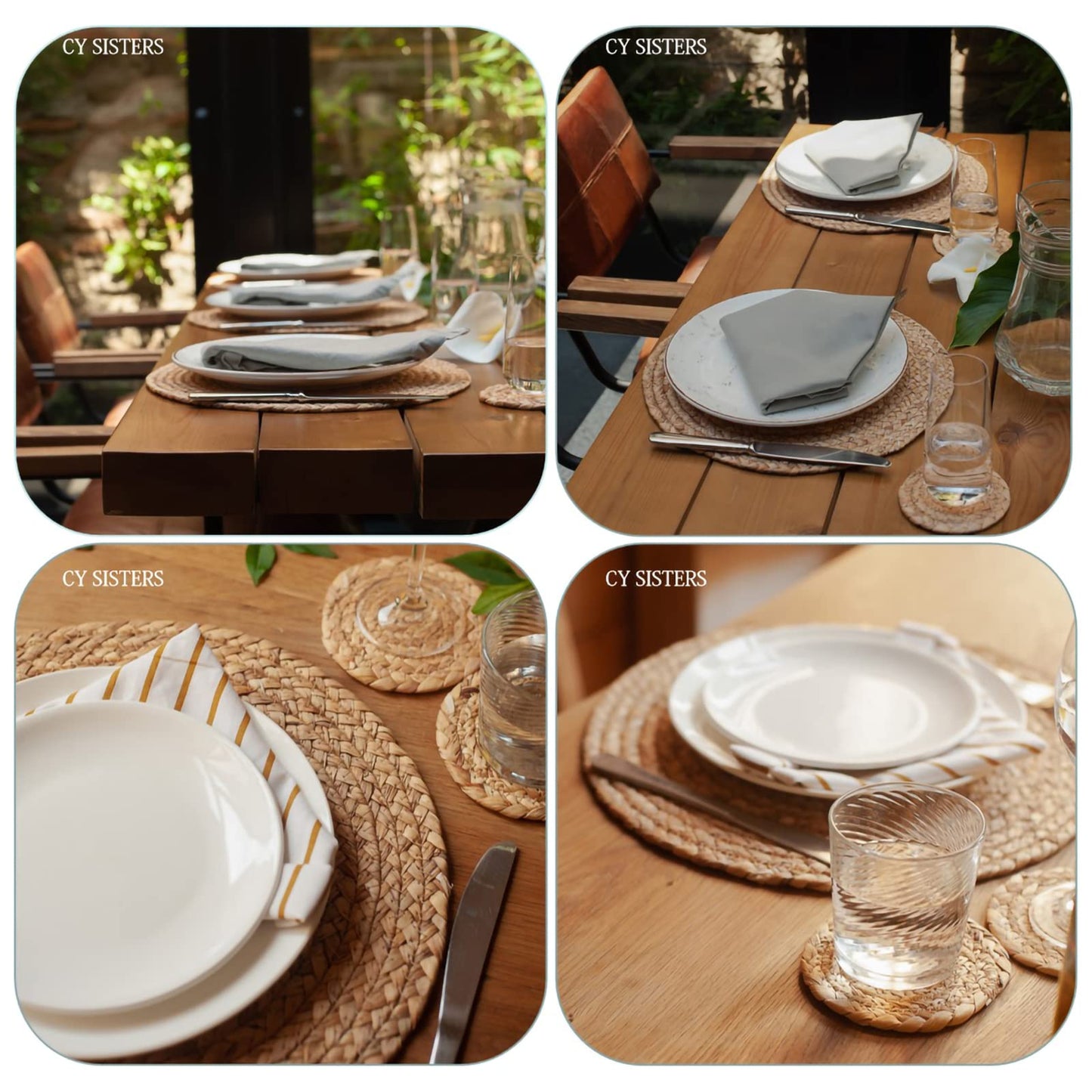 CY SISTERS Woven Placemats Round Placemats Set of 6, 13.5 Inch Wicker Placemat Circle Rattan Placemats Farmhouse Boho Braided Natural Water Hyacinth Place Mats for Indoor & Outdoor Table Decor