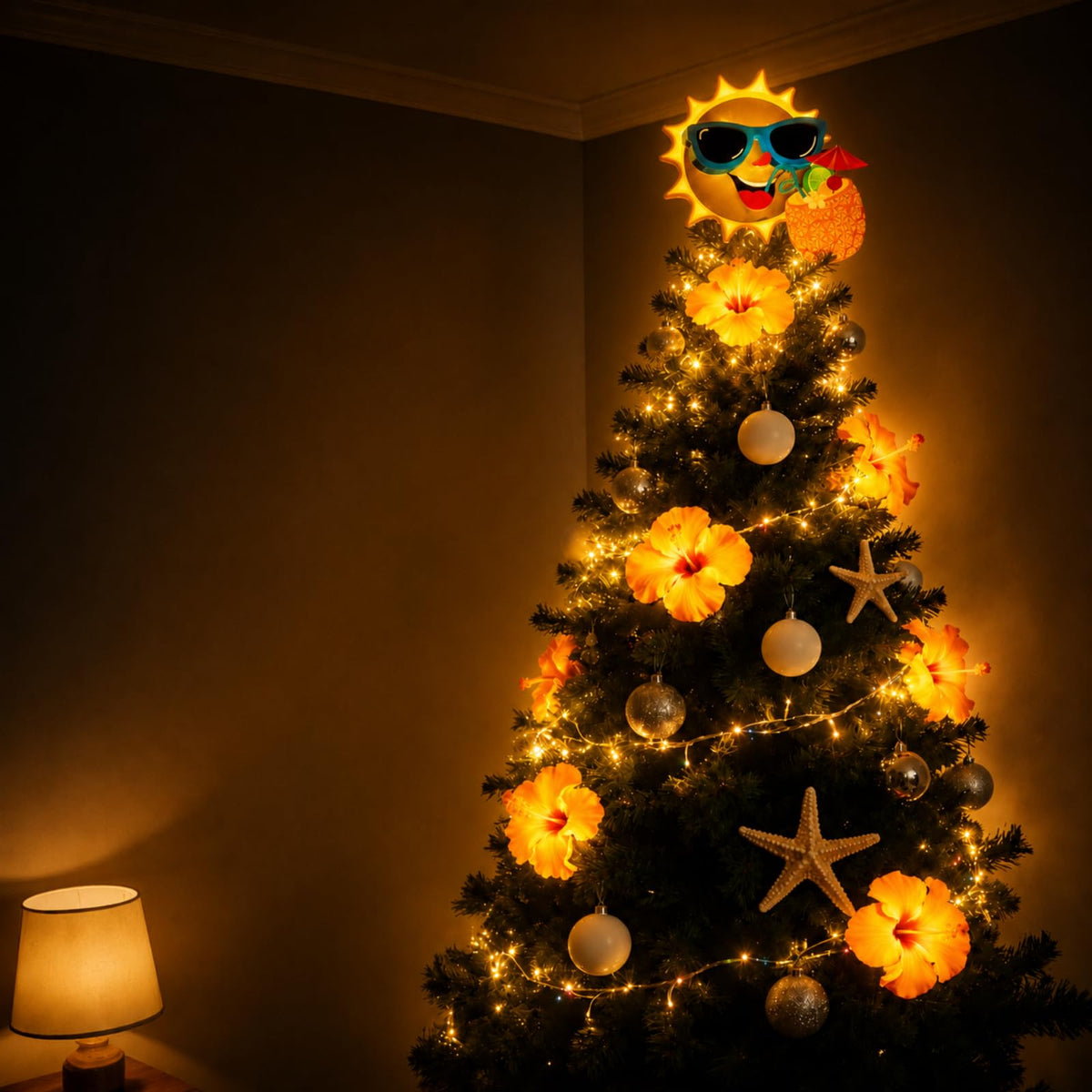 Craftsatin 10 x 8 Inch Wood Summer Tree Topper with LED Light Christmas in July Summer Tree Top Ornaments for Luau Party Hawaiian Decorations Tabletop Display Supplies