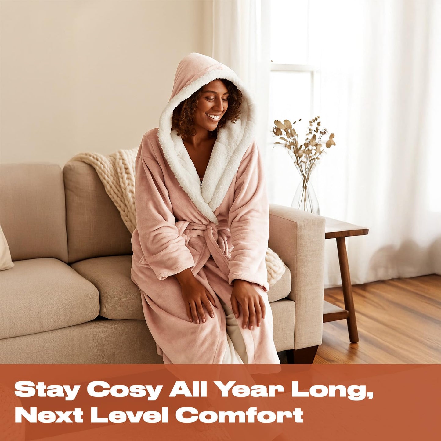 Sienna Hooded Dressing Gowns for Women UK Super Soft Flannel Fleece Sherpa Lined Fluffy Mens Luxurious Comfy Cosy Bathrobe - Blush Pink
