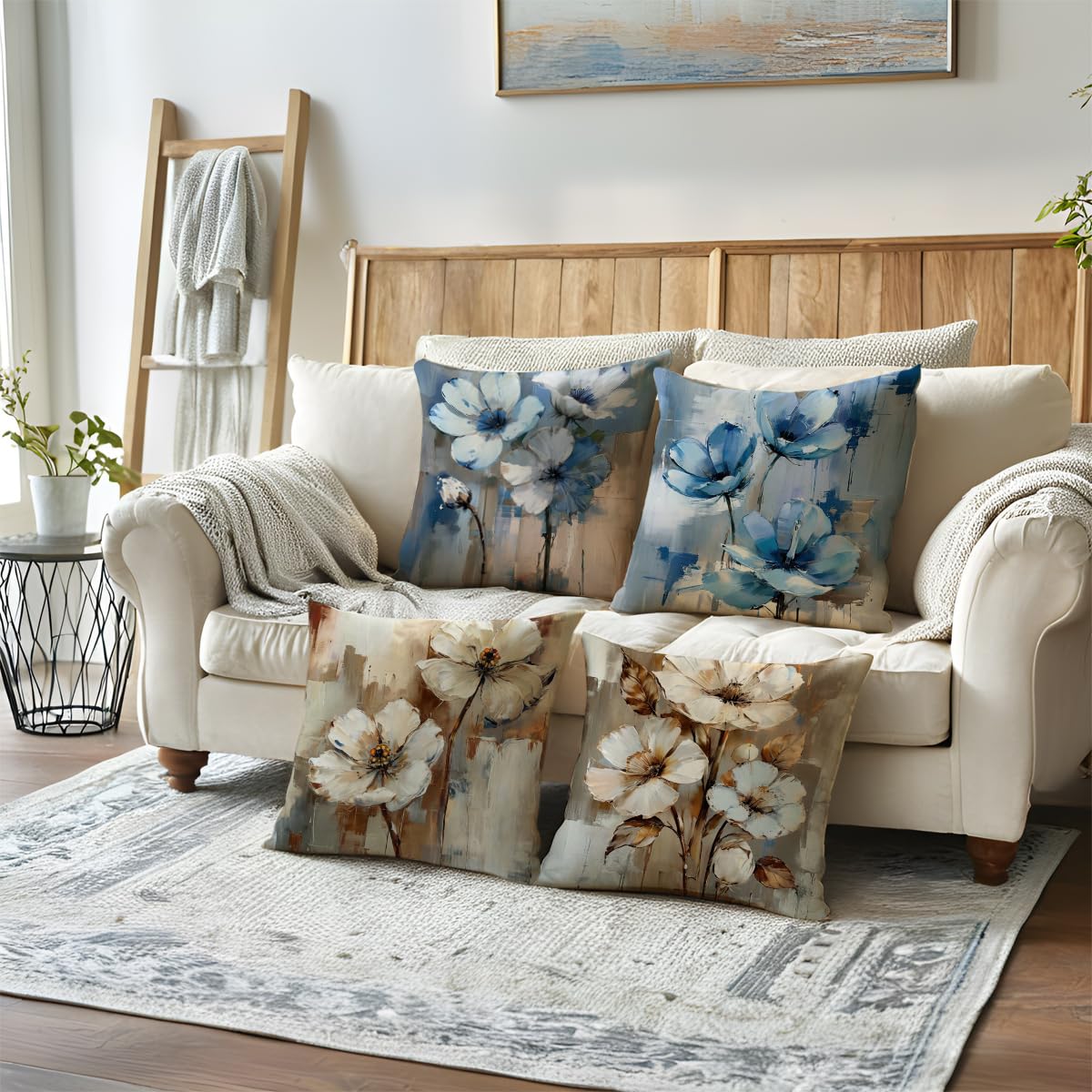 2Pack Flowers Decorative Pillow Covers Modern Beige Poppy Design Cushion Covers Oil Painting Pretty Floral Pillowcases 18 x 18 Inch Farmhouse Spring Summer Decorations (Beige/Brown)
