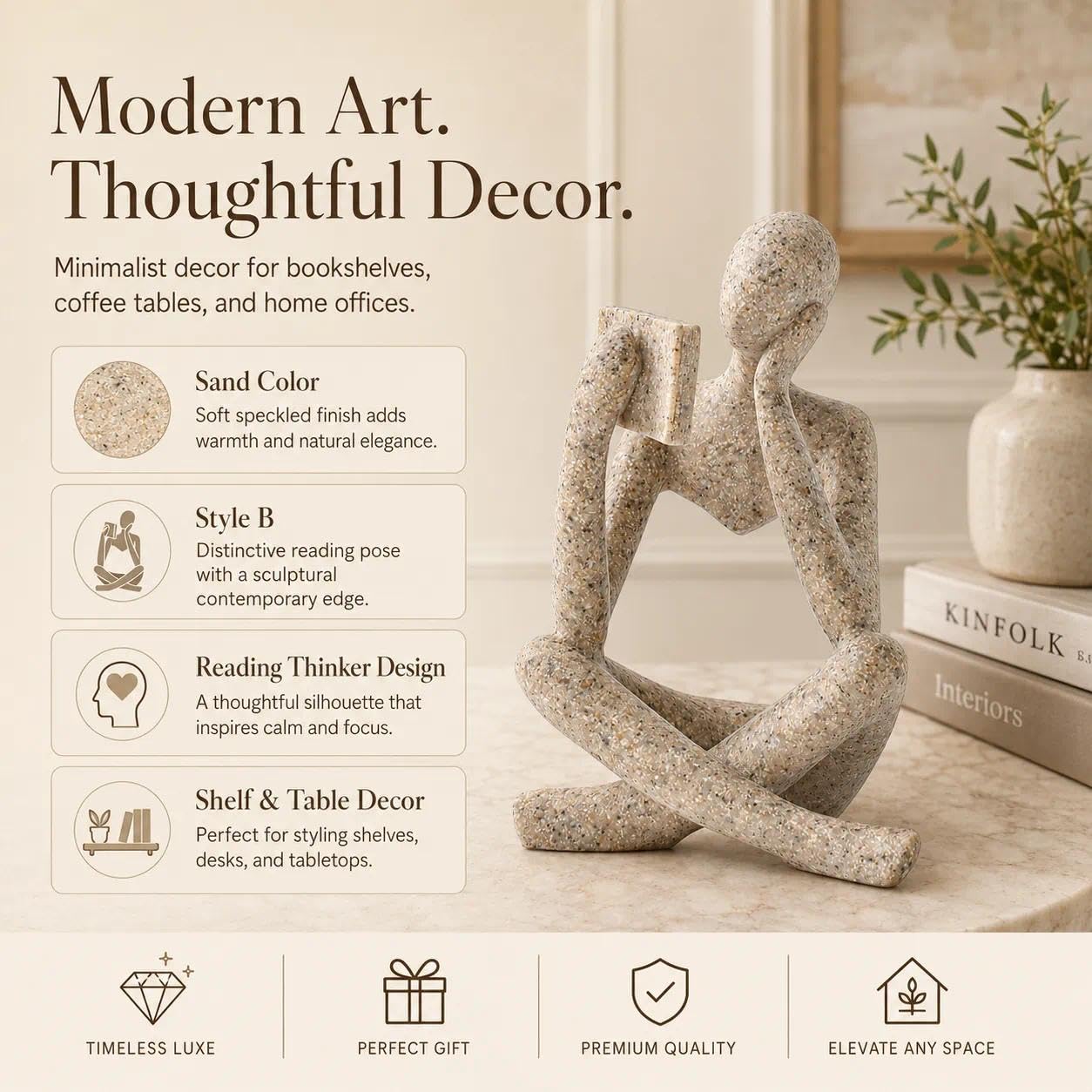 LINZHEN Bookshelf Decor Thinker Statue, Sand Abstract Reading Figurine Style B, Resin Decorative Bookend for Coffee Table, Shelf, Home Office, Library, Gift for Book Lovers