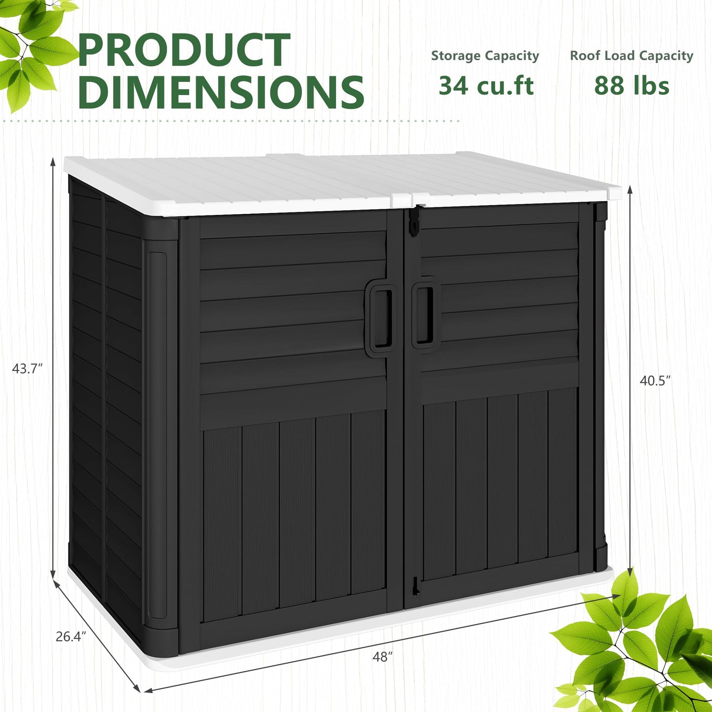 Greesum Outdoor Trash Can Storage Shed, 34 Cu.ft Horizontal Outdoor Storage Cabinet, Waterproof for Garden, Pool Storage, Garbage Cans, Black
