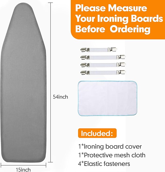 Ironing Board Cover and Pad, 15x54 Standard Size Thick Iron Padding, Scorch &