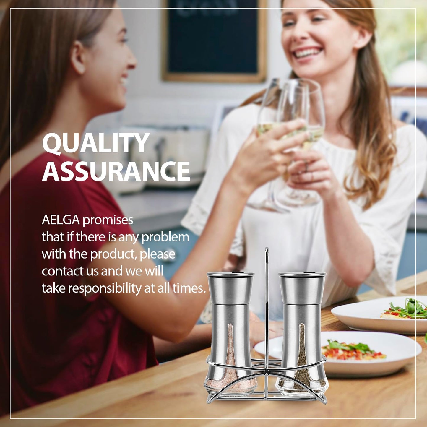 Aelga Salt and Pepper Shakers with Holder, Salt Shaker for the Kitchen with Adjustable Pour Holes for Himalayan, Kosher, and Sea Salts