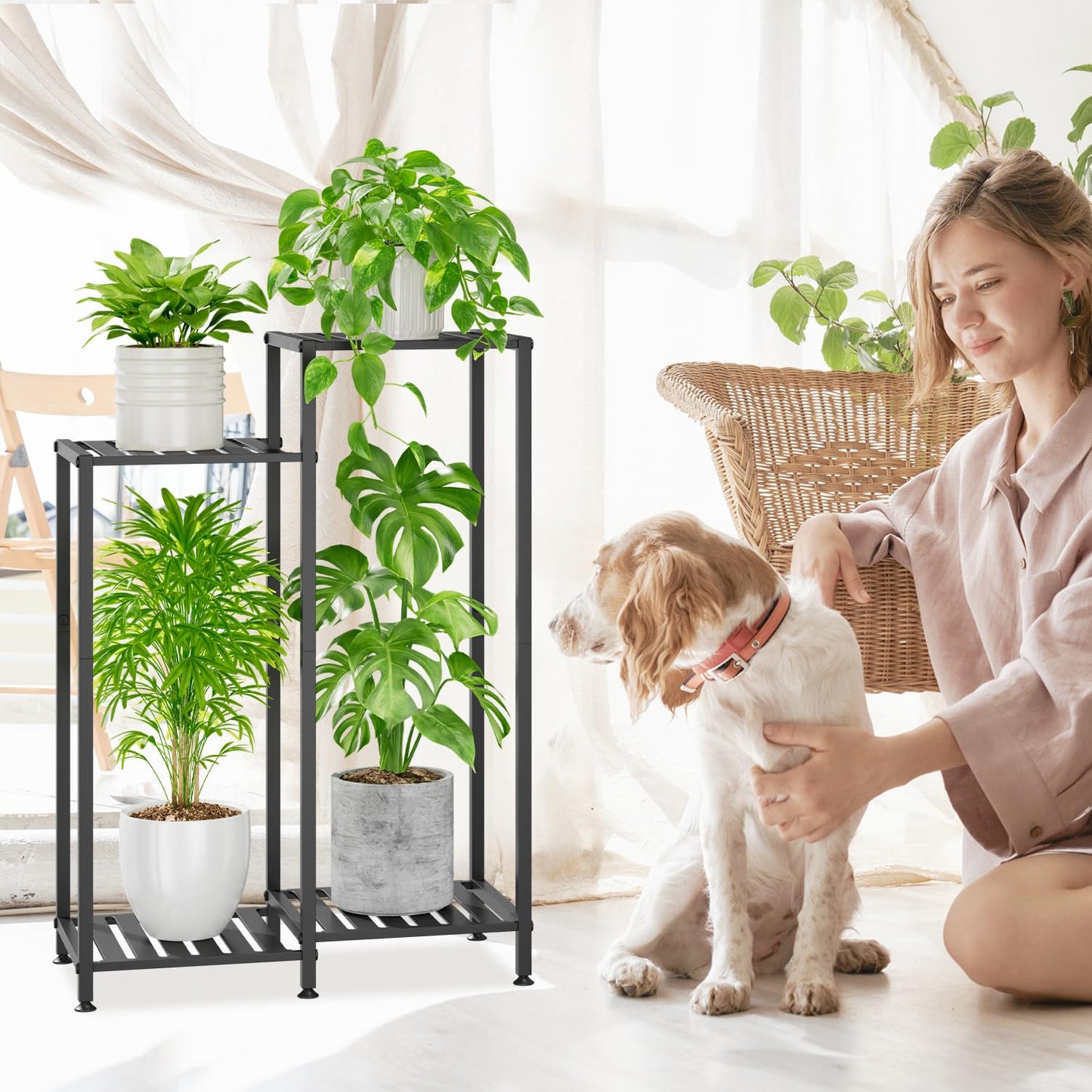 iDavosic.ly 4 Tier Plant Stand Indoor with Wheels, Metal Tiered Corner Flower Holder Shelf Outdoor for Large Pots, Tall Rolling Rack for Patio Porch Garden Balcony Living Room, Modern Black