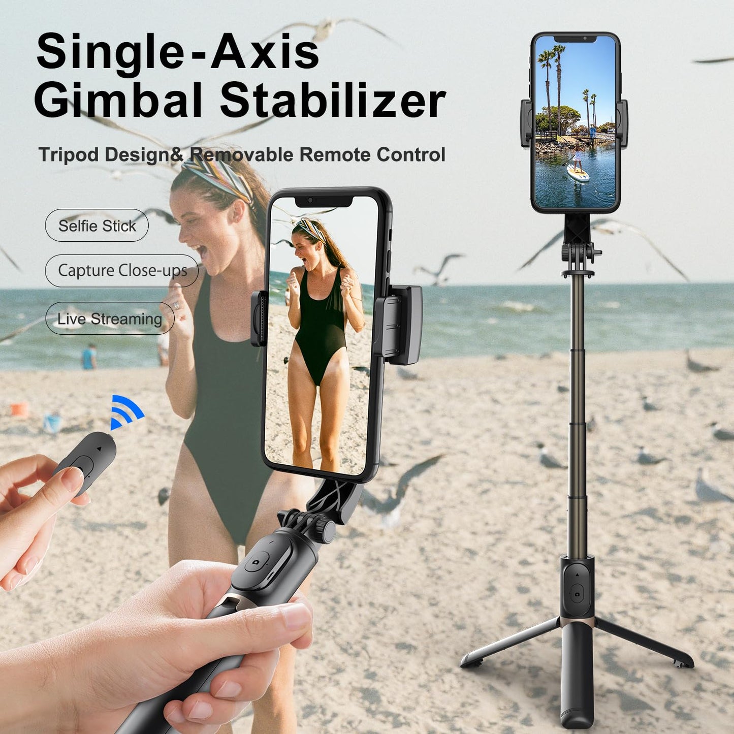 Gimbal Stabilizer for Smartphone,Selfie Stick Tripod with Remote Control Auto Balance 360° Rotation 1-Axis Phone Gimbal for Group Selfies Live Streaming Video Recording