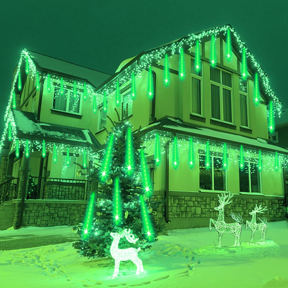 Weepong Halloween Lights Outdoor, Meteor Shower Christmas Lights for Halloween Decorations, 8 Tube 192 LED Snow Falling Rain Icicle String Light for Xmas Christmas Decor Tree Party, UL Plug Green