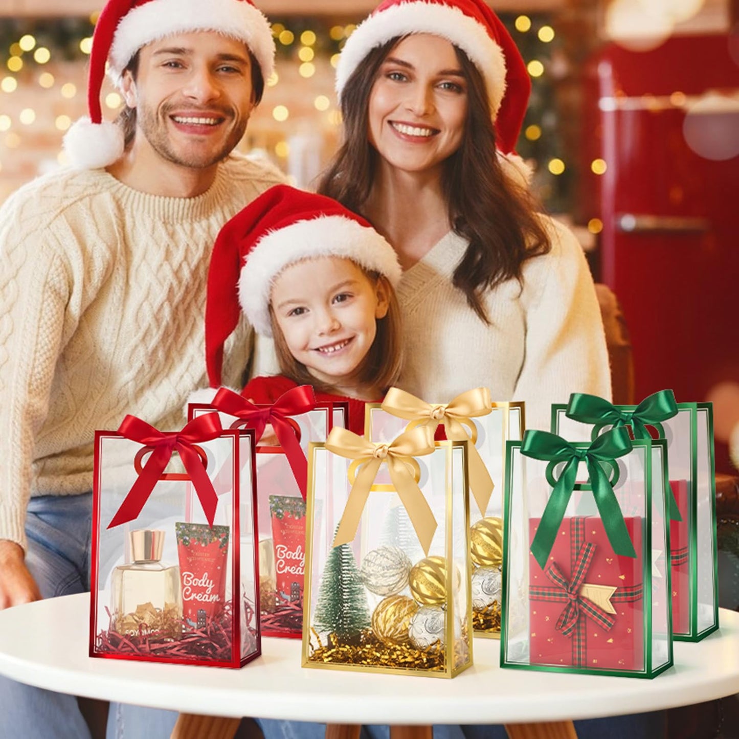 Ohuimrt Christmas Clear Plastic Gift Bags, 12 Pack, 10", Red Green Gold