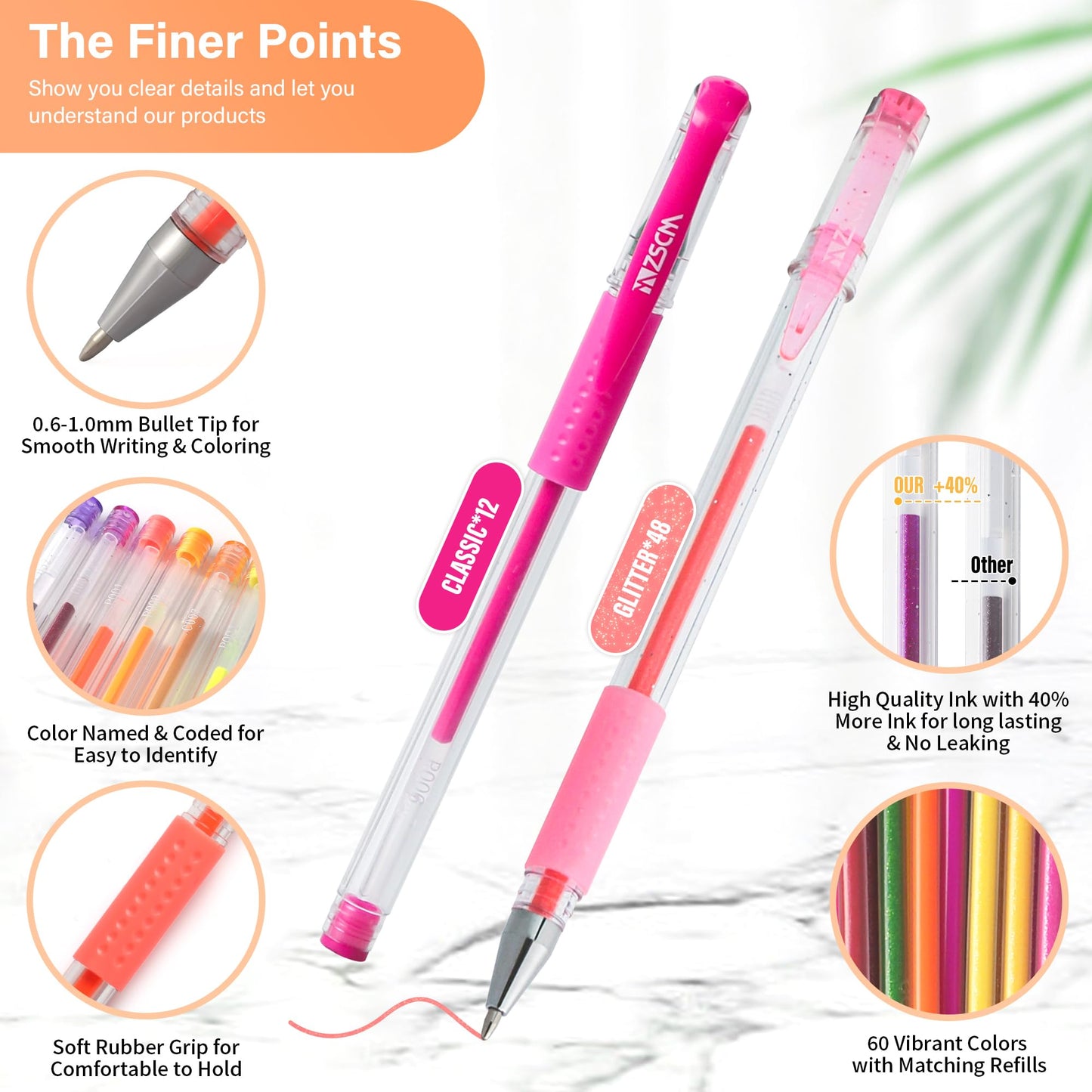 120 Pack Glitter Gel Pens Set, ZSCM 60 Colors Pens Include 48 Glitter Pens, 12Classic Pen With 60 Matching Color Refills, Canvas Bag For Adults Coloring Books Drawing Journaling Scrapbook