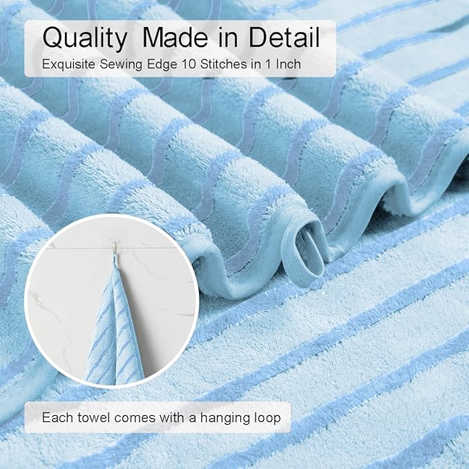 4 Piece Blue Cabana Stripe Large Bath Towels 35"x70" Oversized Bath Sheet Super