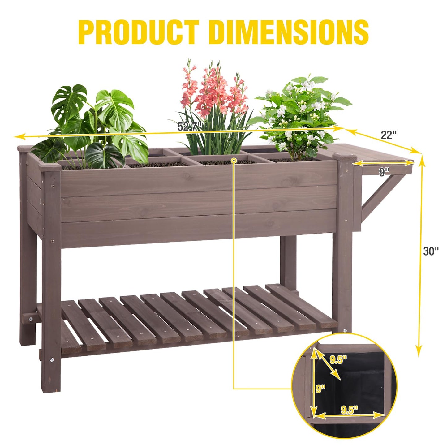 Aivituvin Raised Garden Bed on Wheels, Elevated Plant Boxes Outdoor Large with Grow Grid - with Large Storage Shelf 52.7" x 22" x 30"