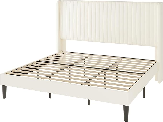Allewie King Size Velvet Bed Frame/Vertical Channel Tufted Wingback